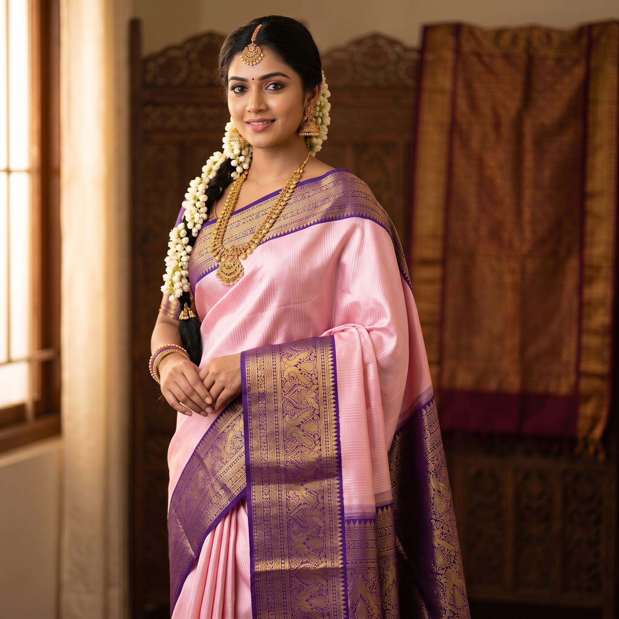 Kanchipuram Pure Handloom Korvai Silk Saree - Baby Pink & Royal Purple